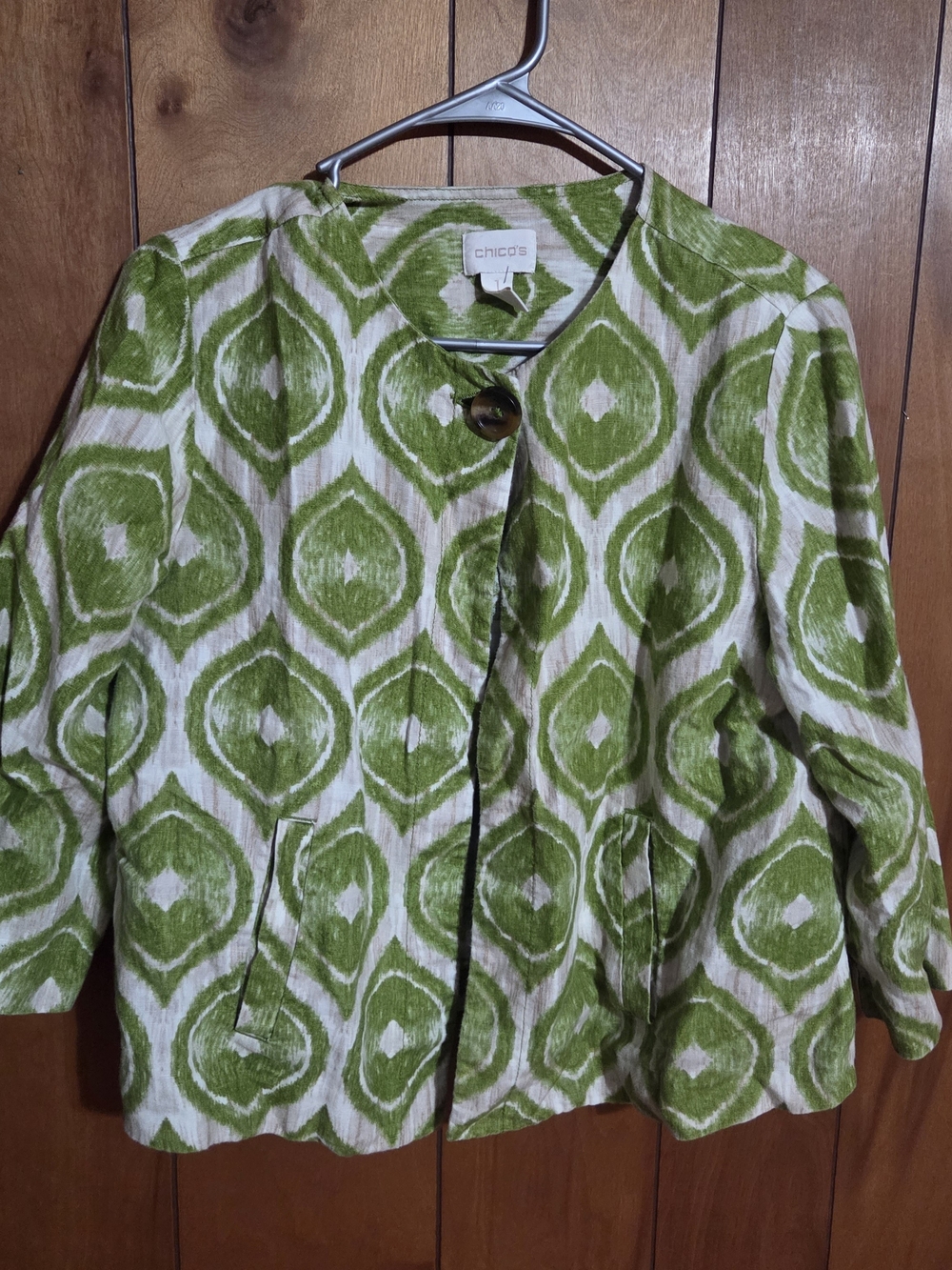 Chicos Green Ikat Printed Linen Blazer Jacket One Button Front Pockets Size 1 M